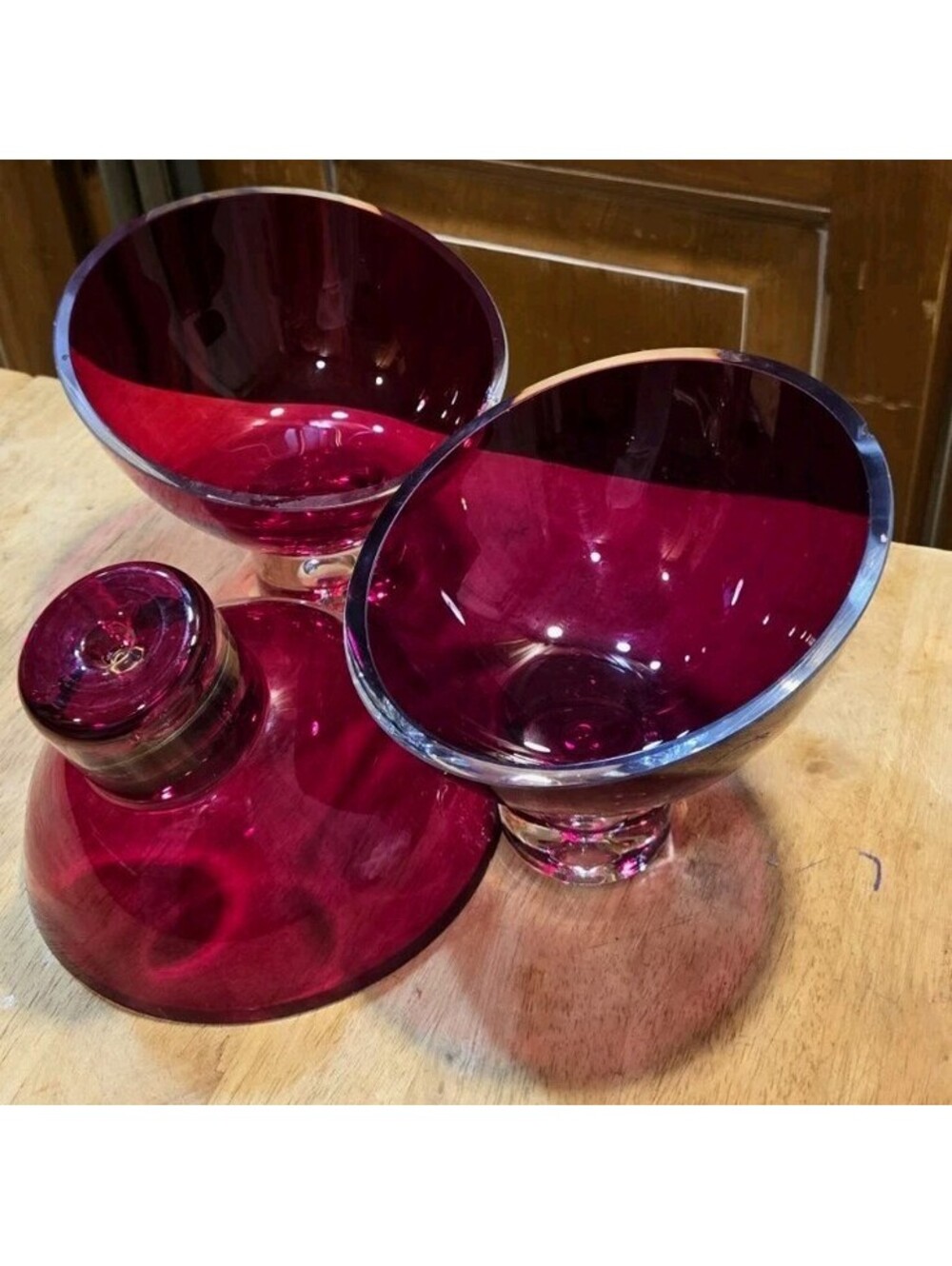 3 Vintage Bombay Crystal Ruby Red Clear Pedestal Candy Dish, Made in Poland